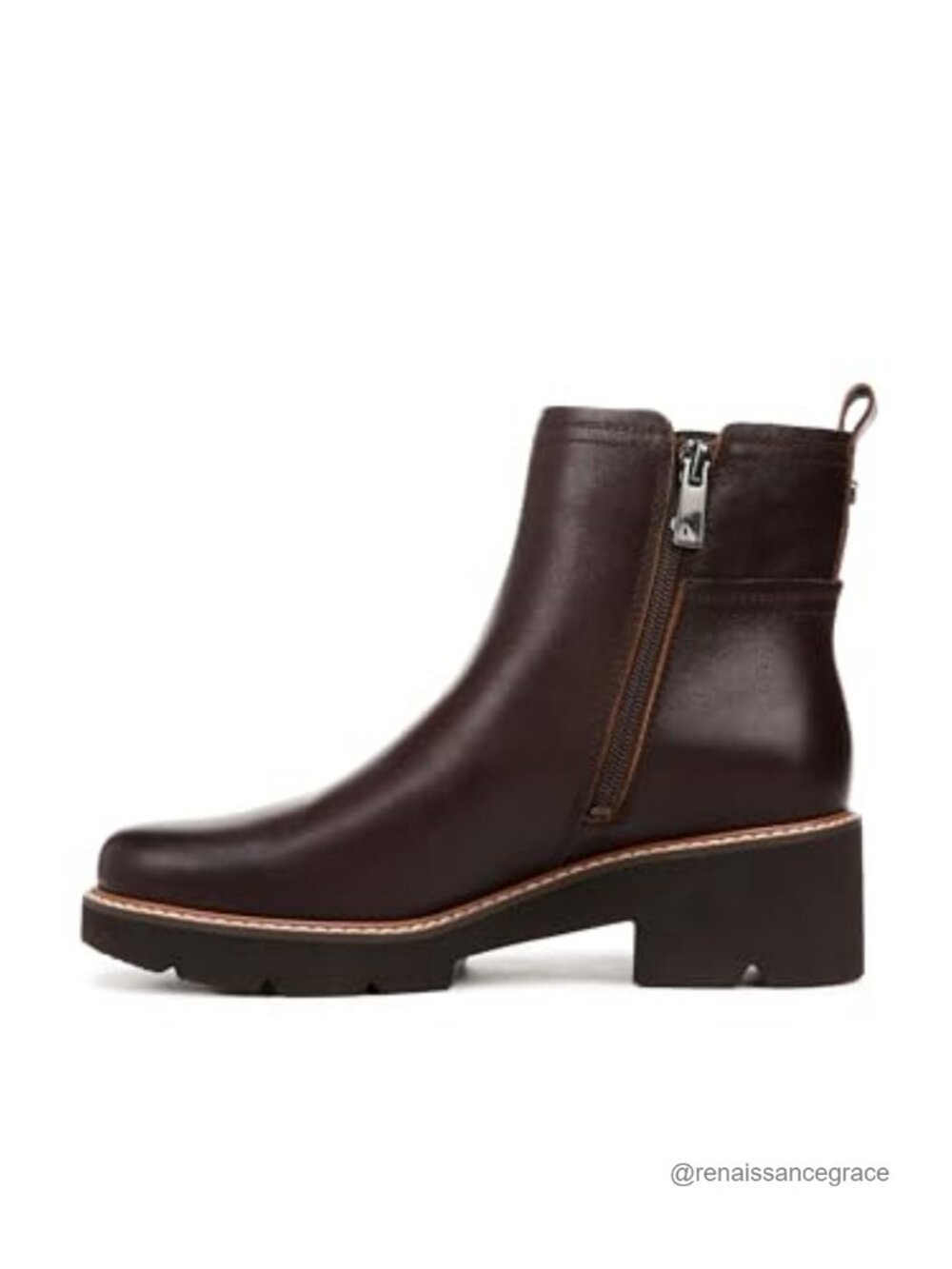 Water-Repellent Leather Ankle Bootie Block Heel Lug Sole Comfort Zip